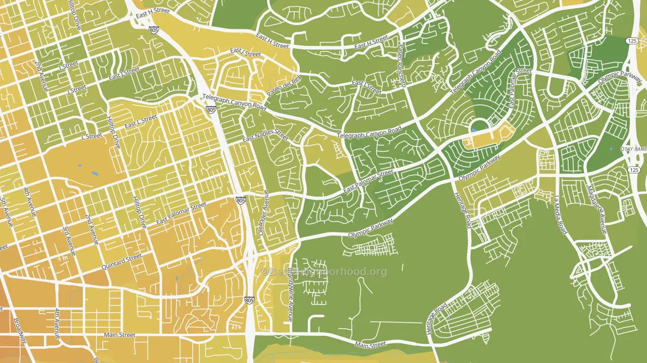 Map of the best neighborhoods in the Sunbow, Chula Vista area, with better matches in green and worse matches in red