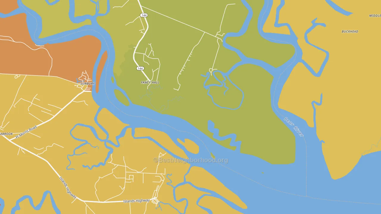 Map of the best neighborhoods in the Sunbury area, with better matches in green and worse matches in red