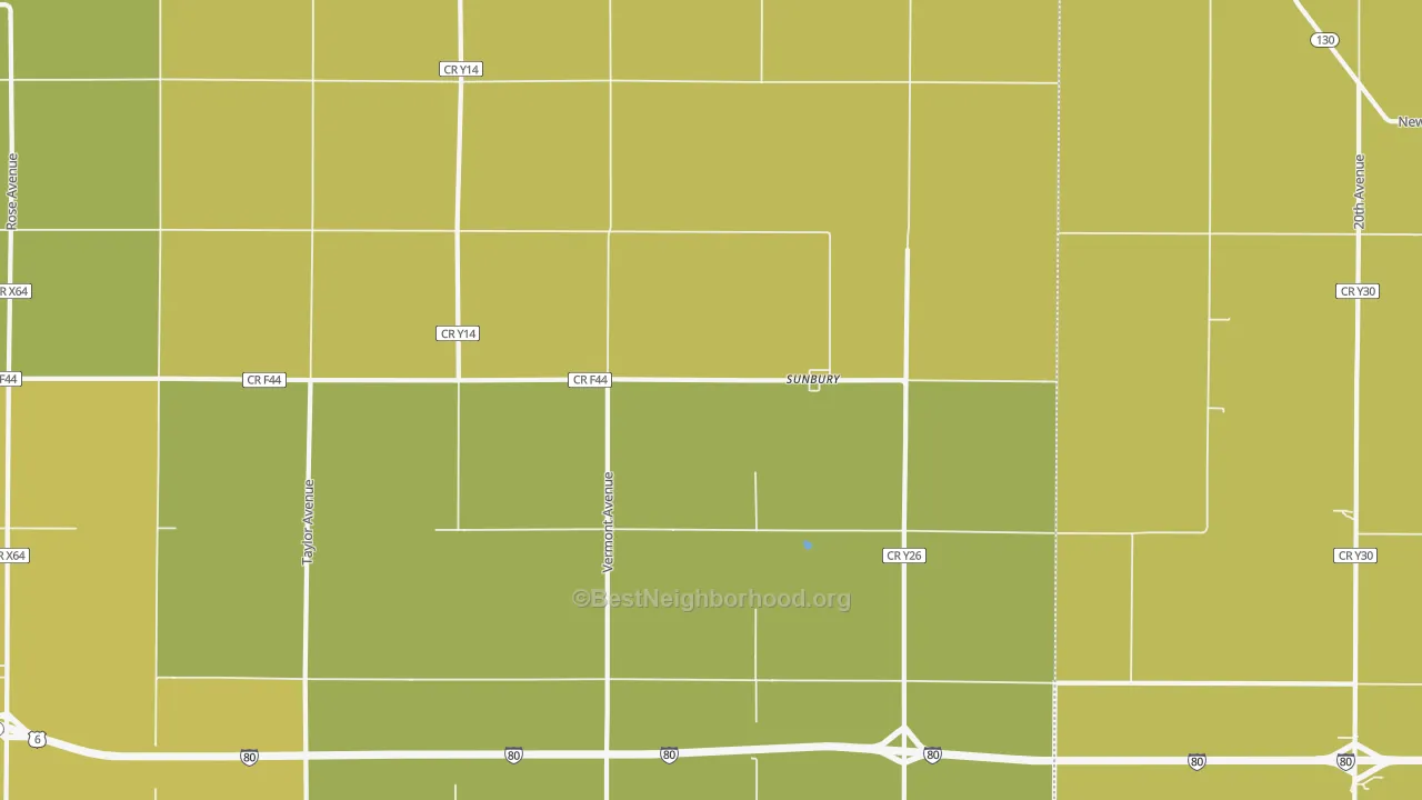 Map of the best neighborhoods in the Sunbury area, with better matches in green and worse matches in red