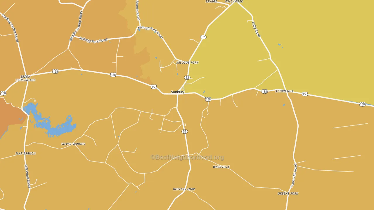 Map of the best neighborhoods in the Sunbury area, with better matches in green and worse matches in red