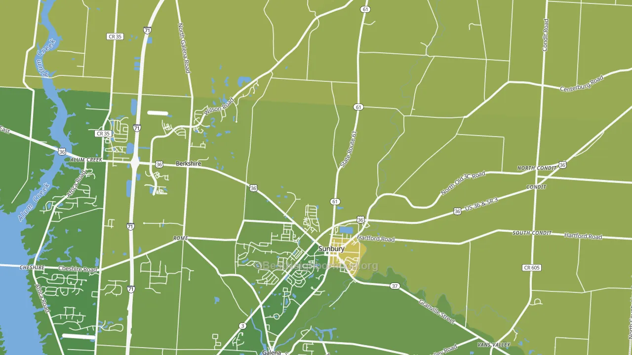 Map of the best neighborhoods in the Sunbury area, with better matches in green and worse matches in red