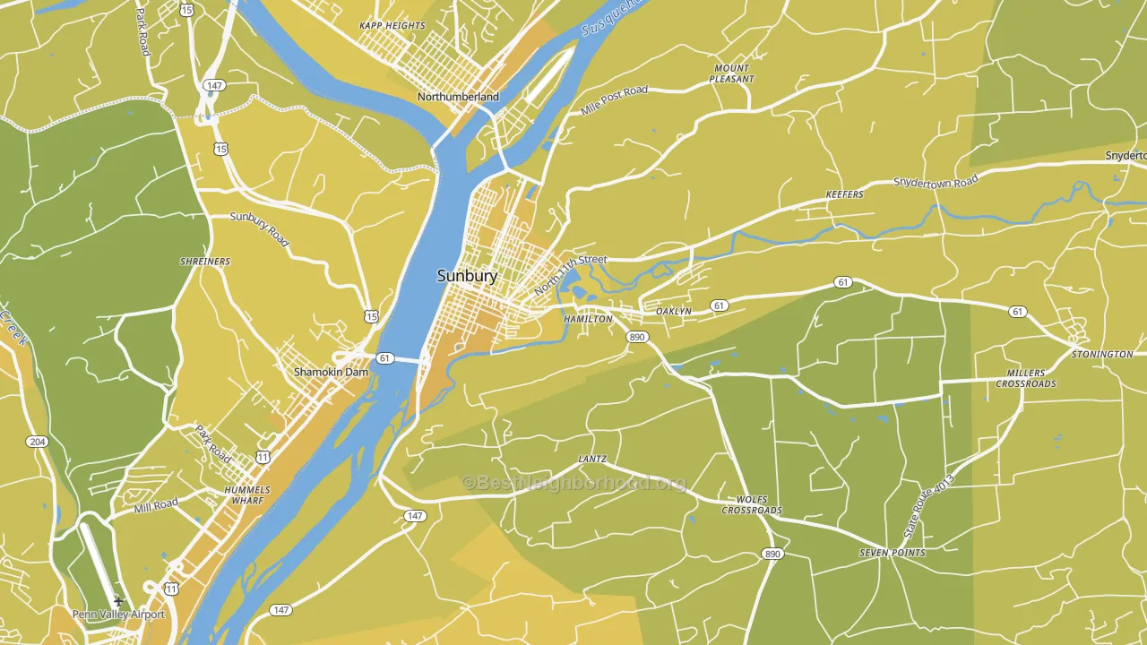 Map of the best neighborhoods in the Sunbury area, with better matches in green and worse matches in red