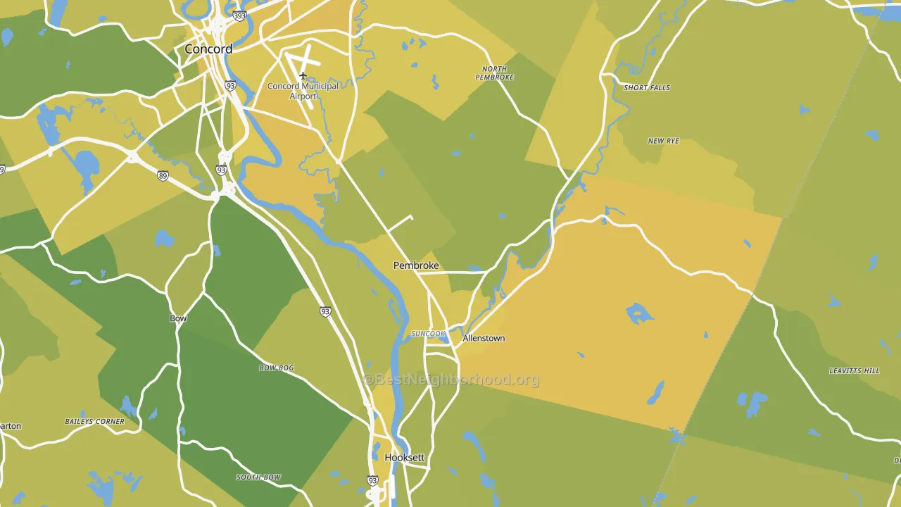 Map of the best neighborhoods in the Suncook area, with better matches in green and worse matches in red