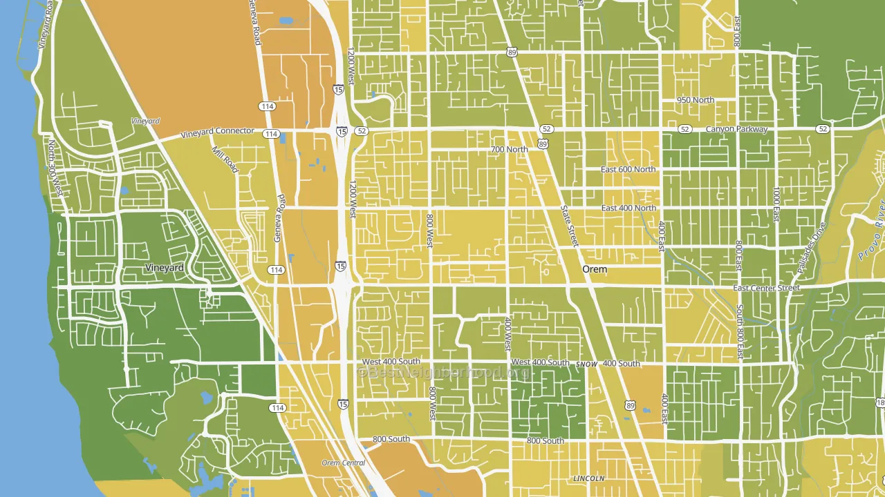 Map of the best neighborhoods in the Suncrest, Orem area, with better matches in green and worse matches in red