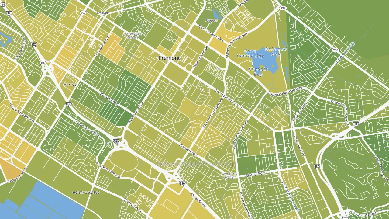 Map of the best neighborhoods in the Sundale, Fremont area, with better matches in green and worse matches in red