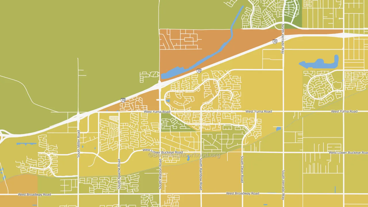 Map of the best neighborhoods in the Sundance, Buckeye area, with better matches in green and worse matches in red