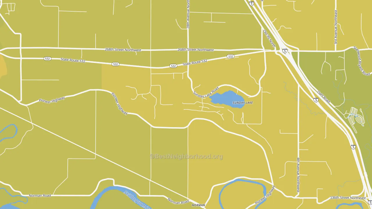 Map of the best neighborhoods in the Sunday Lake area, with better matches in green and worse matches in red