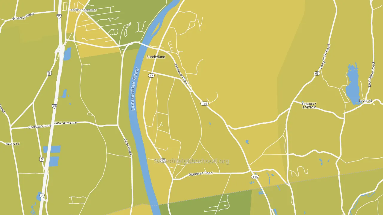 Map of the best neighborhoods in the Sunderland area, with better matches in green and worse matches in red