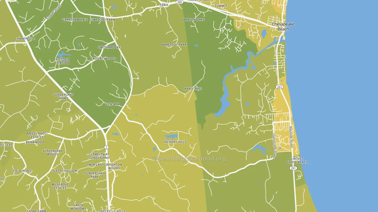 Map of the best neighborhoods in the Sunderland area, with better matches in green and worse matches in red