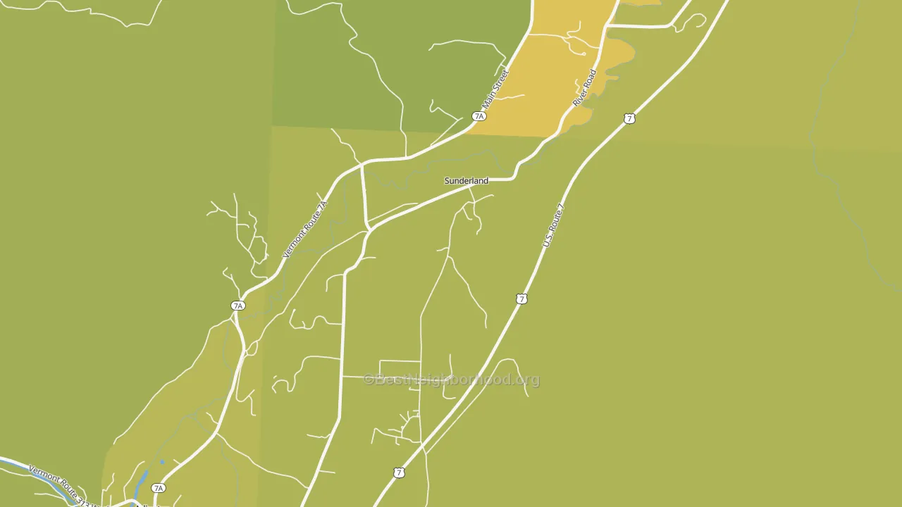 Map of the best neighborhoods in the Sunderland area, with better matches in green and worse matches in red