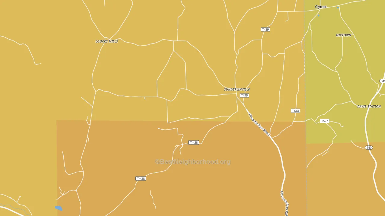 Map of the best neighborhoods in the Sunderlinville area, with better matches in green and worse matches in red