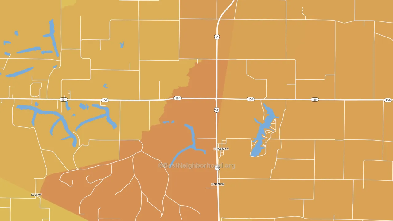 Map of the best neighborhoods in the Sunfield area, with better matches in green and worse matches in red