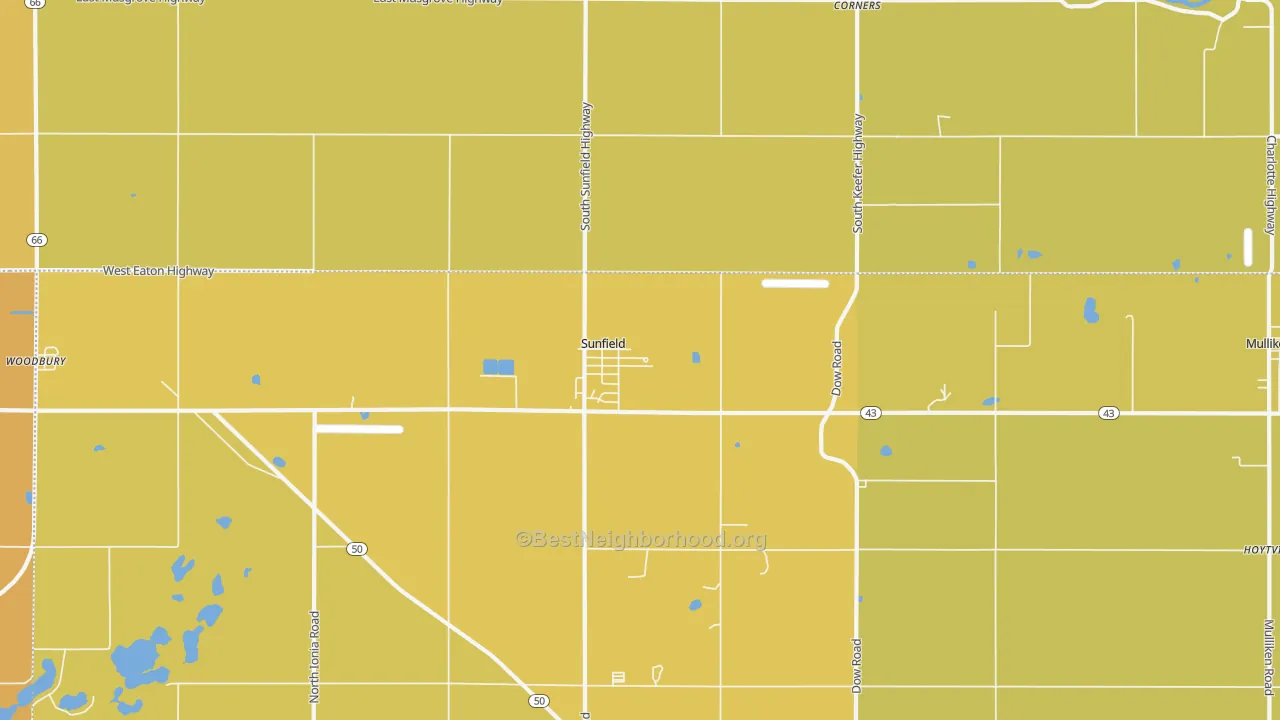 Map of the best neighborhoods in the Sunfield area, with better matches in green and worse matches in red