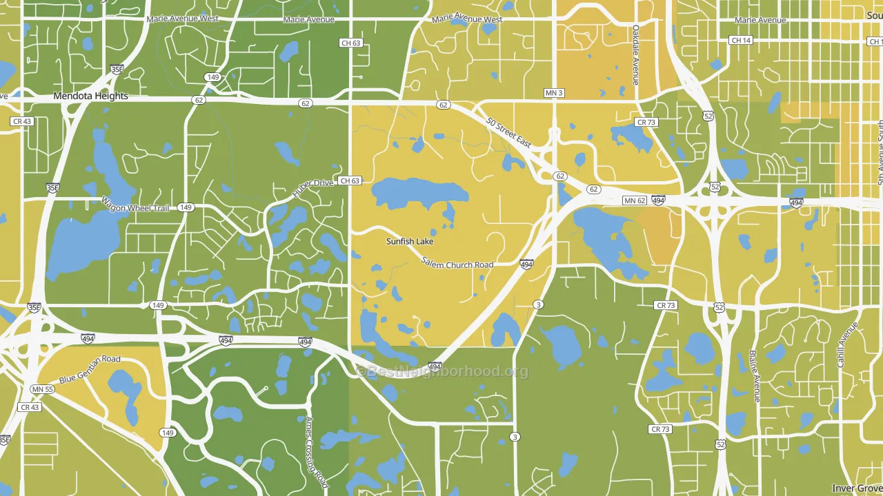 Map of the best neighborhoods in the Sunfish Lake area, with better matches in green and worse matches in red