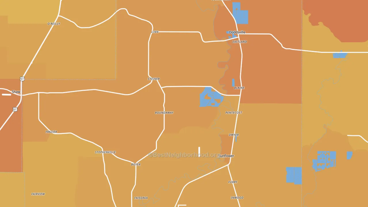 Map of the best neighborhoods in the Sunflower County area, with better matches in green and worse matches in red