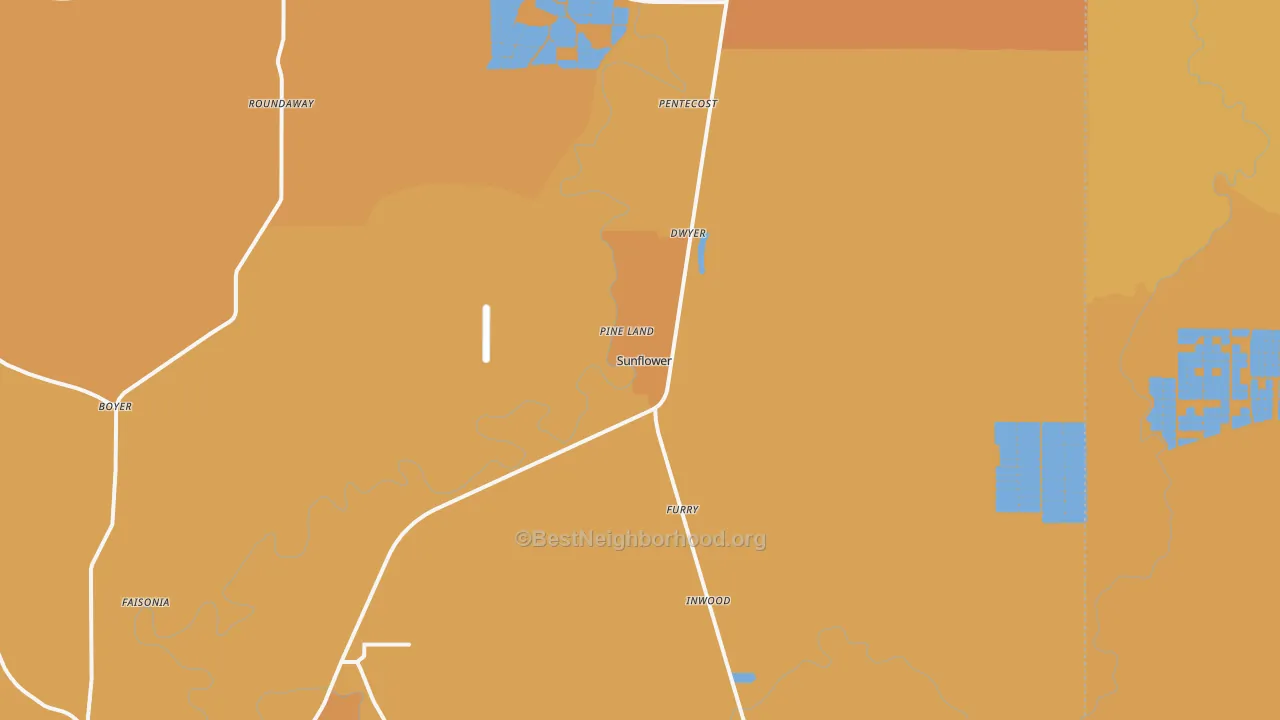 Map of the best neighborhoods in the Sunflower area, with better matches in green and worse matches in red