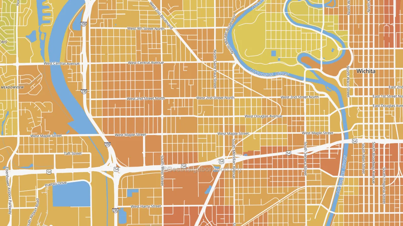 Map of the best neighborhoods in the Sunflower, Wichita area, with better matches in green and worse matches in red