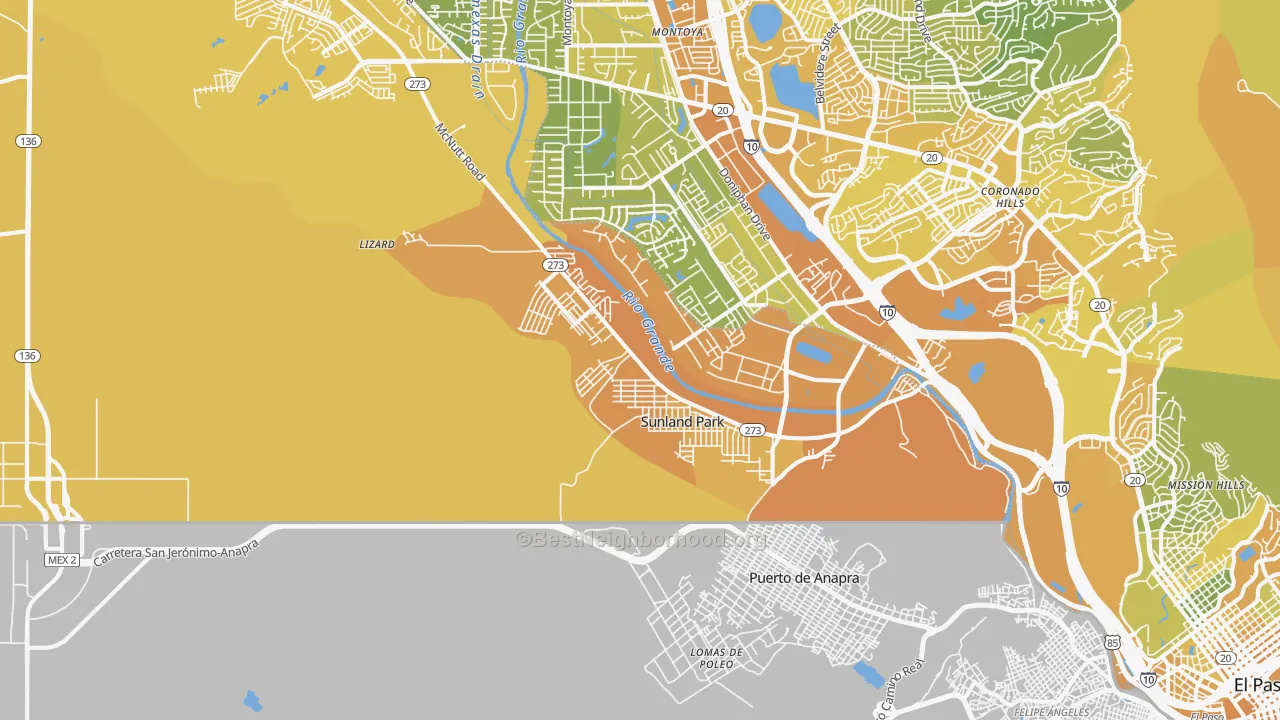 Map of the best neighborhoods in the Sunland Park area, with better matches in green and worse matches in red