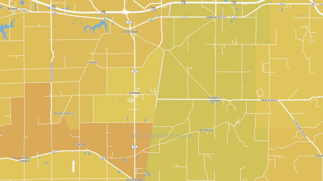 Map of the best neighborhoods in the Sunman area, with better matches in green and worse matches in red