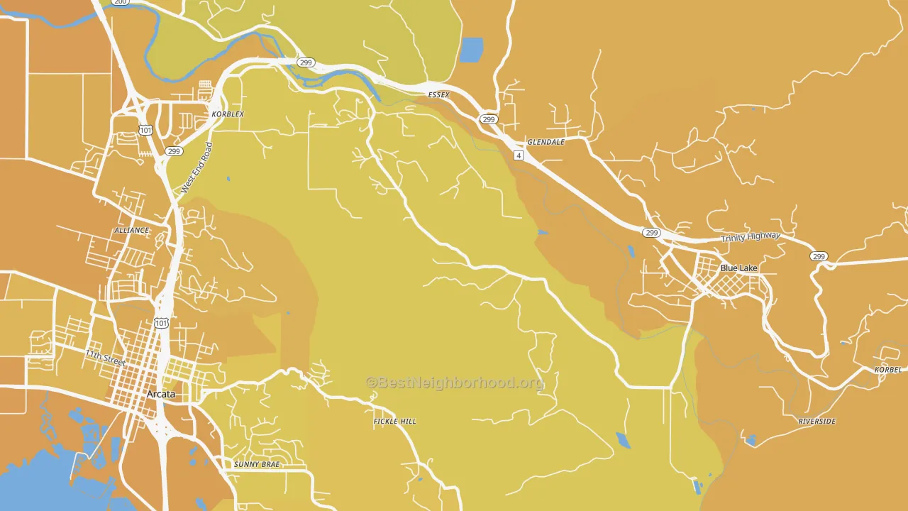 Map of the best neighborhoods in the Sunny Brae area, with better matches in green and worse matches in red