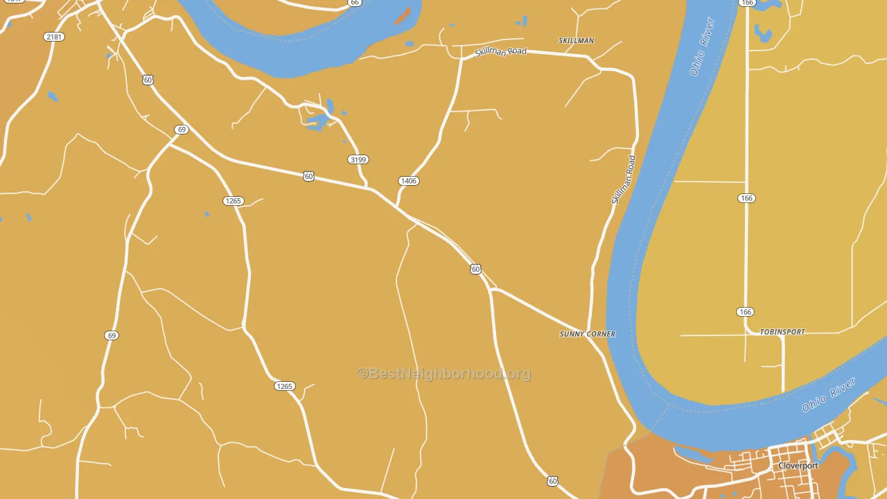 Map of the best neighborhoods in the Sunny Corner area, with better matches in green and worse matches in red