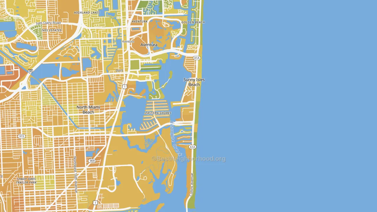 Map of the best neighborhoods in the Sunny Isles Beach area, with better matches in green and worse matches in red