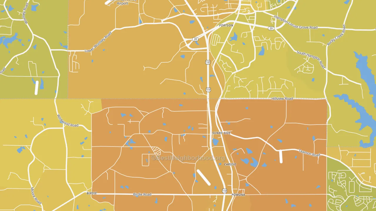 Map of the best neighborhoods in the Sunny Side area, with better matches in green and worse matches in red