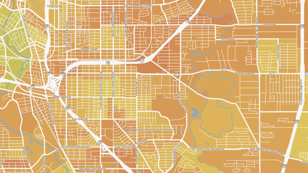 Map of the best neighborhoods in the Sunny Slope, San Antonio area, with better matches in green and worse matches in red