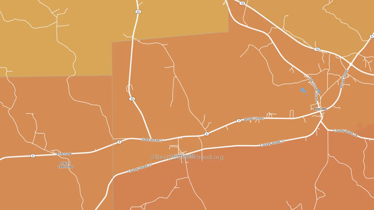 Map of the best neighborhoods in the Sunny South area, with better matches in green and worse matches in red
