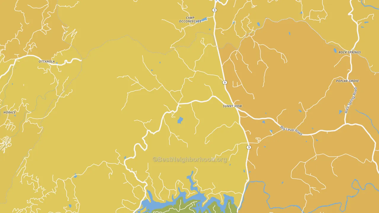 Map of the best neighborhoods in the Sunny View area, with better matches in green and worse matches in red