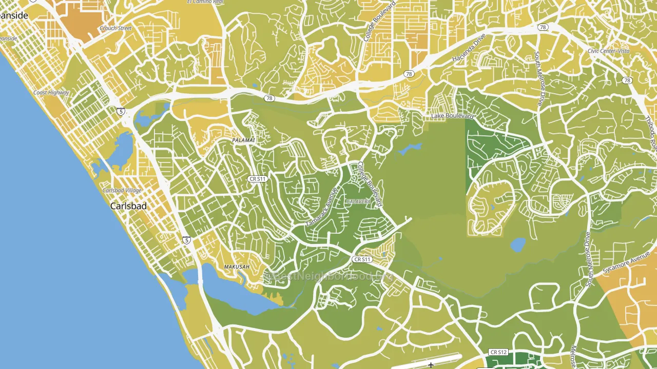 Map of the best neighborhoods in the Sunny Vista area, with better matches in green and worse matches in red