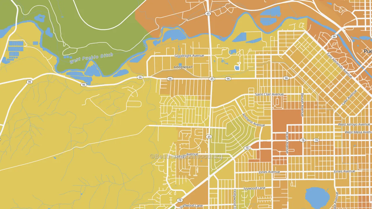 Map of the best neighborhoods in the Sunnyheights, Pueblo area, with better matches in green and worse matches in red