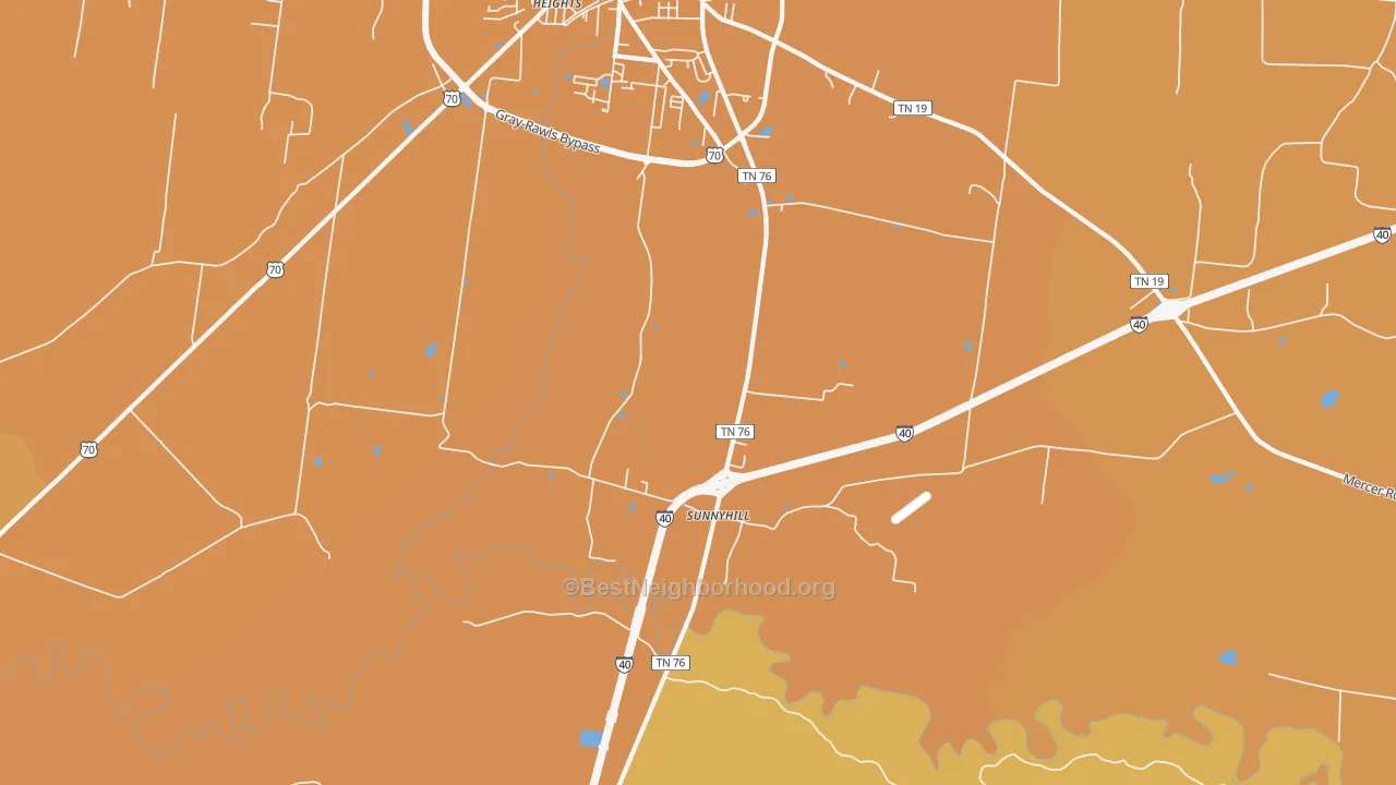 Map of the best neighborhoods in the Sunnyhill area, with better matches in green and worse matches in red