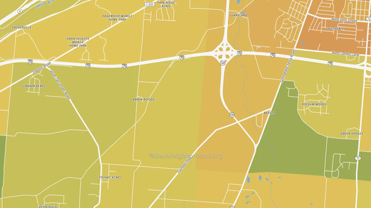 Map of the best neighborhoods in the Sunnyland area, with better matches in green and worse matches in red