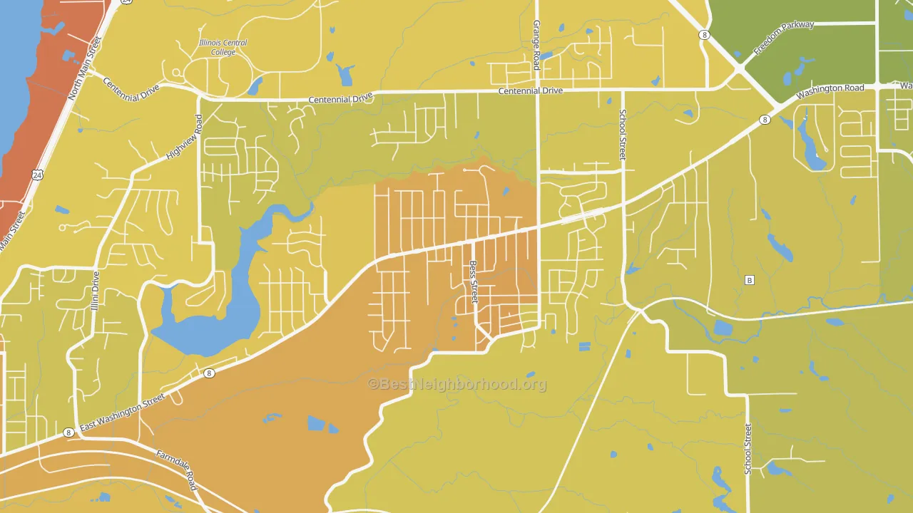 Map of the best neighborhoods in the Sunnyland, Washington area, with better matches in green and worse matches in red