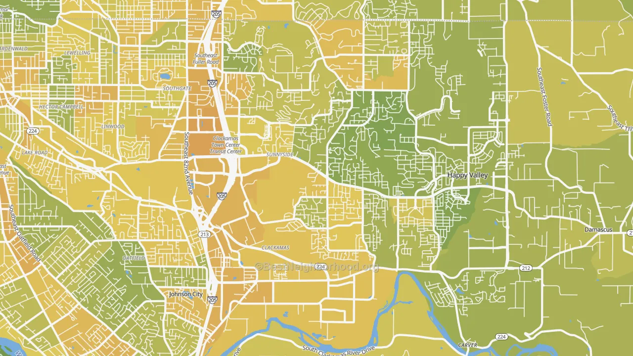 Map of the best neighborhoods in the Sunnyside, Clackamas area, with better matches in green and worse matches in red