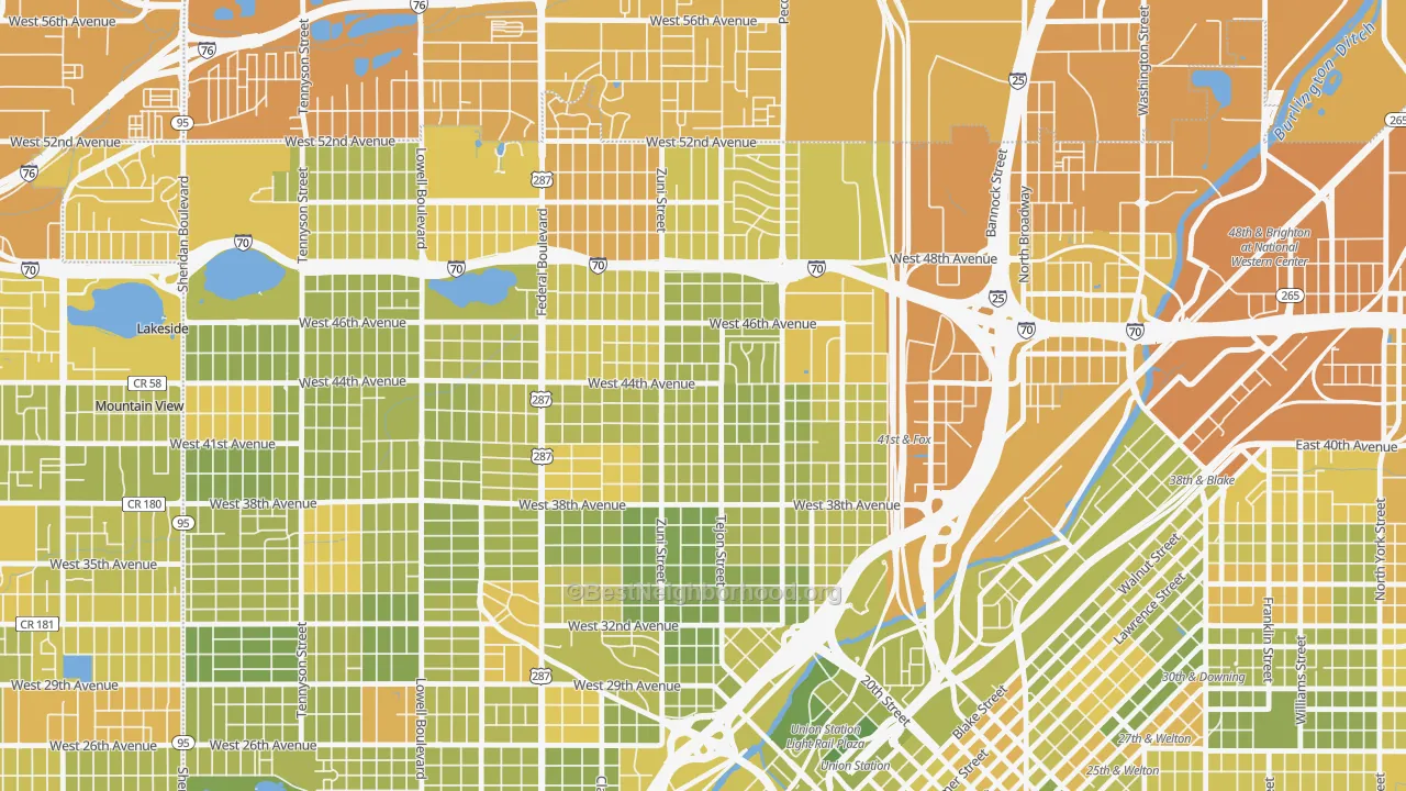 Map of the best neighborhoods in the Sunnyside, Denver area, with better matches in green and worse matches in red