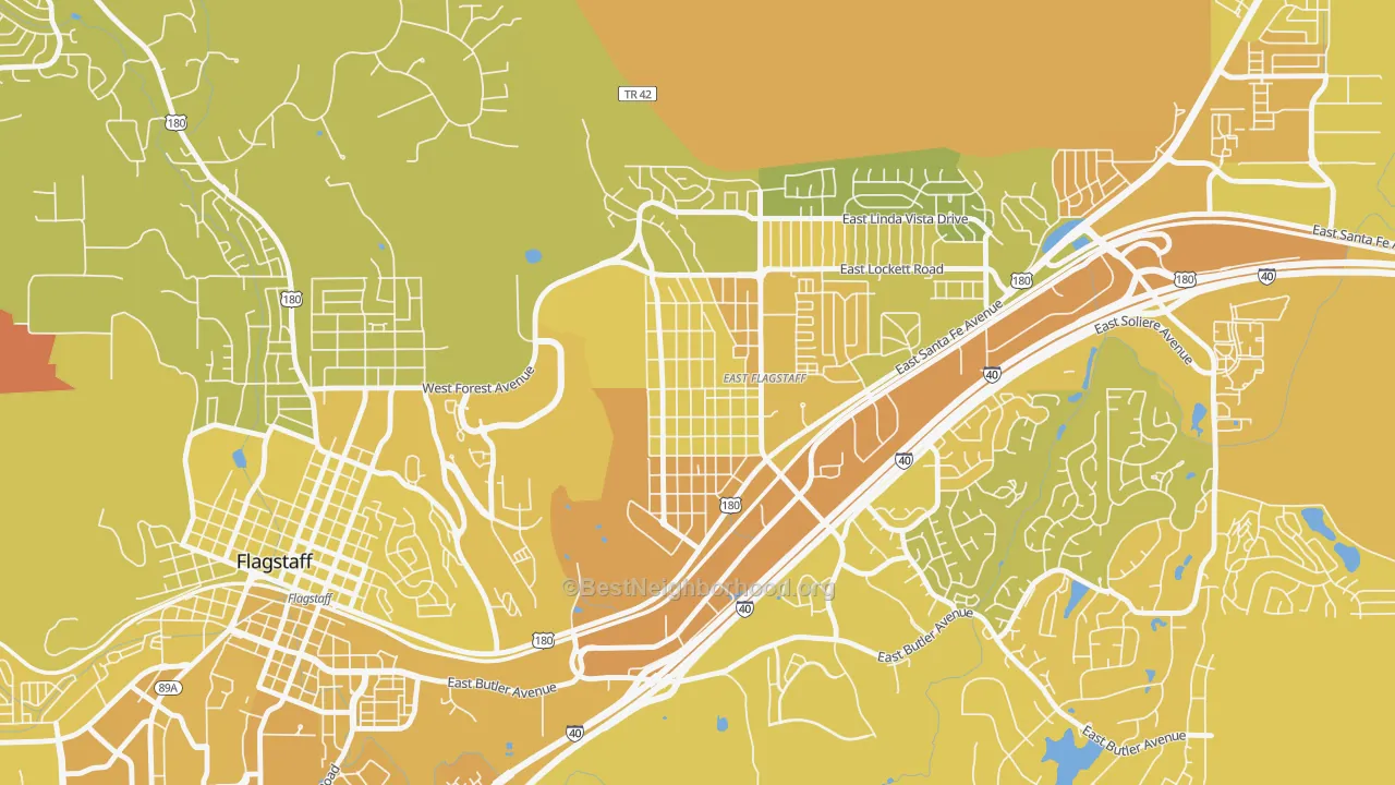 Map of the best neighborhoods in the Sunnyside-Flagstaff, Flagstaff area, with better matches in green and worse matches in red