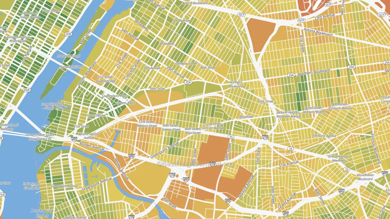 Map of the best neighborhoods in the Sunnyside, Queens area, with better matches in green and worse matches in red