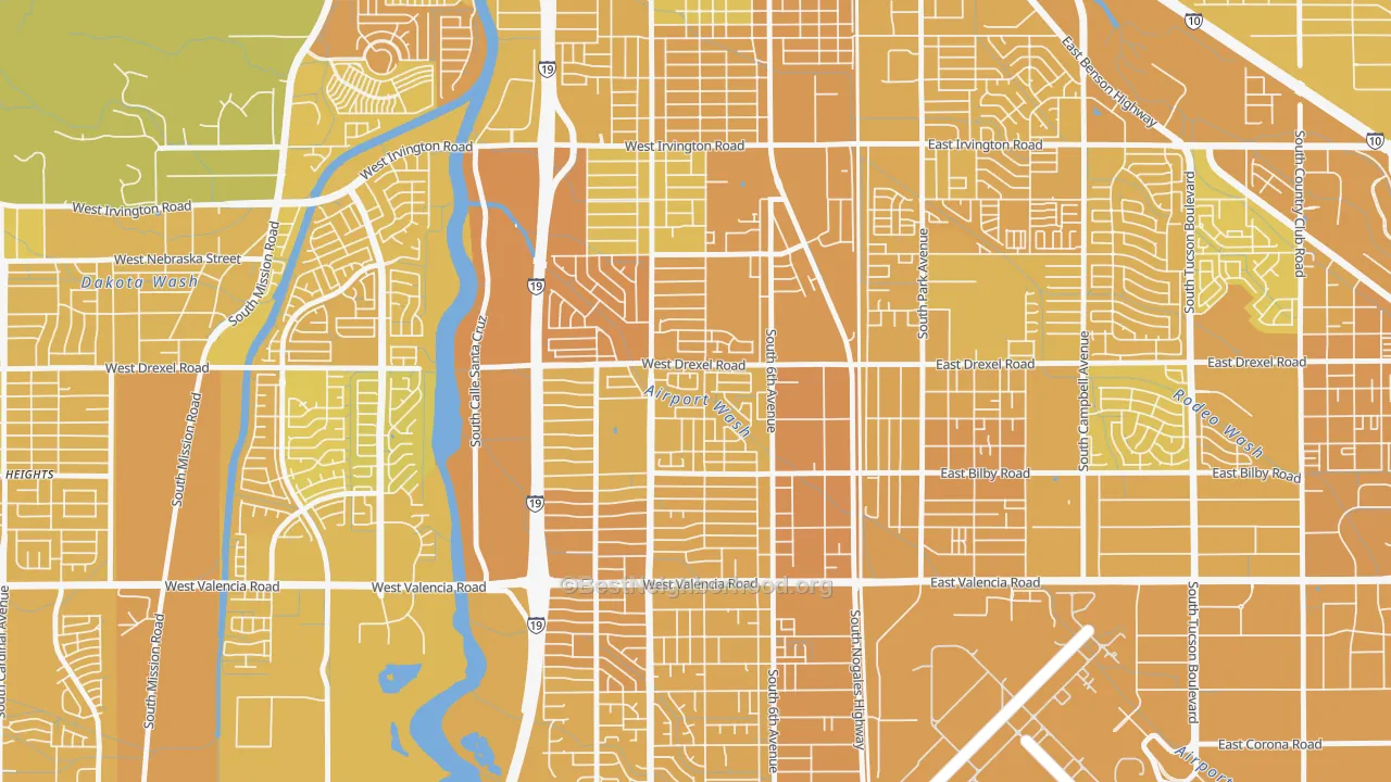 Map of the best neighborhoods in the Sunnyside, Tucson area, with better matches in green and worse matches in red