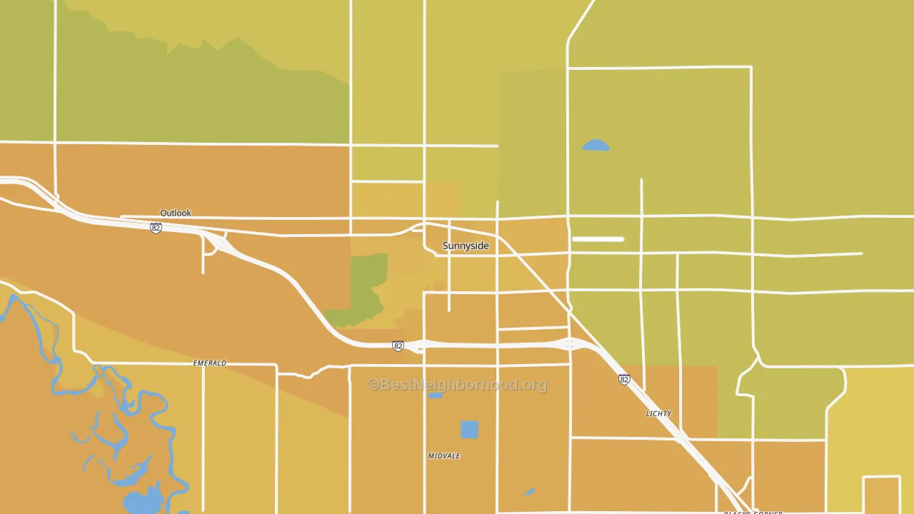 Map of the best neighborhoods in the Sunnyside area, with better matches in green and worse matches in red