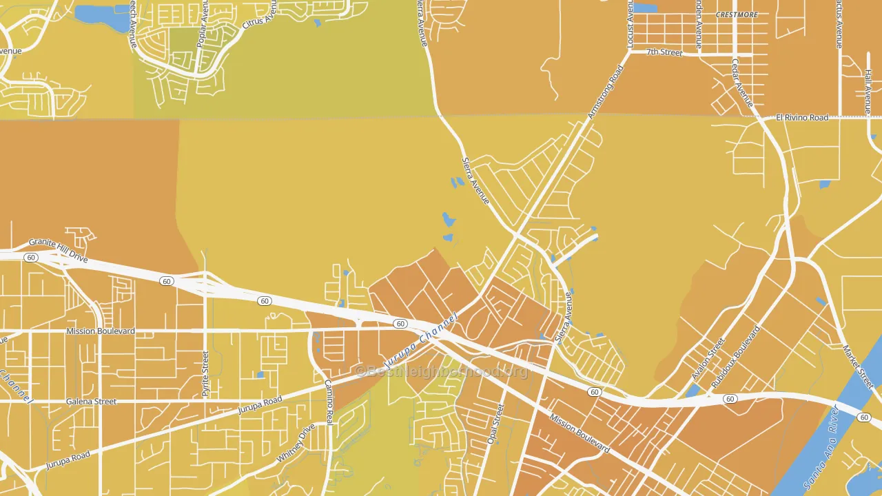Map of the best neighborhoods in the Sunnyslope, Riverside area, with better matches in green and worse matches in red