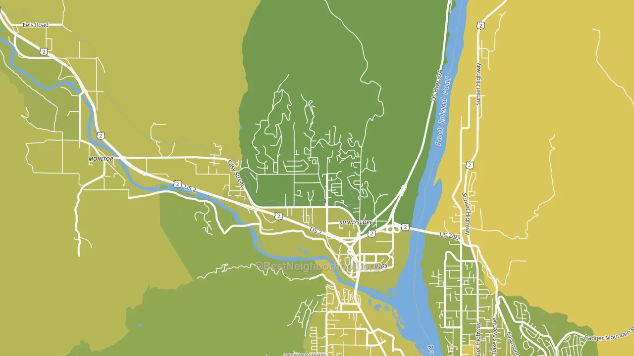 Map of the best neighborhoods in the Sunnyslope area, with better matches in green and worse matches in red