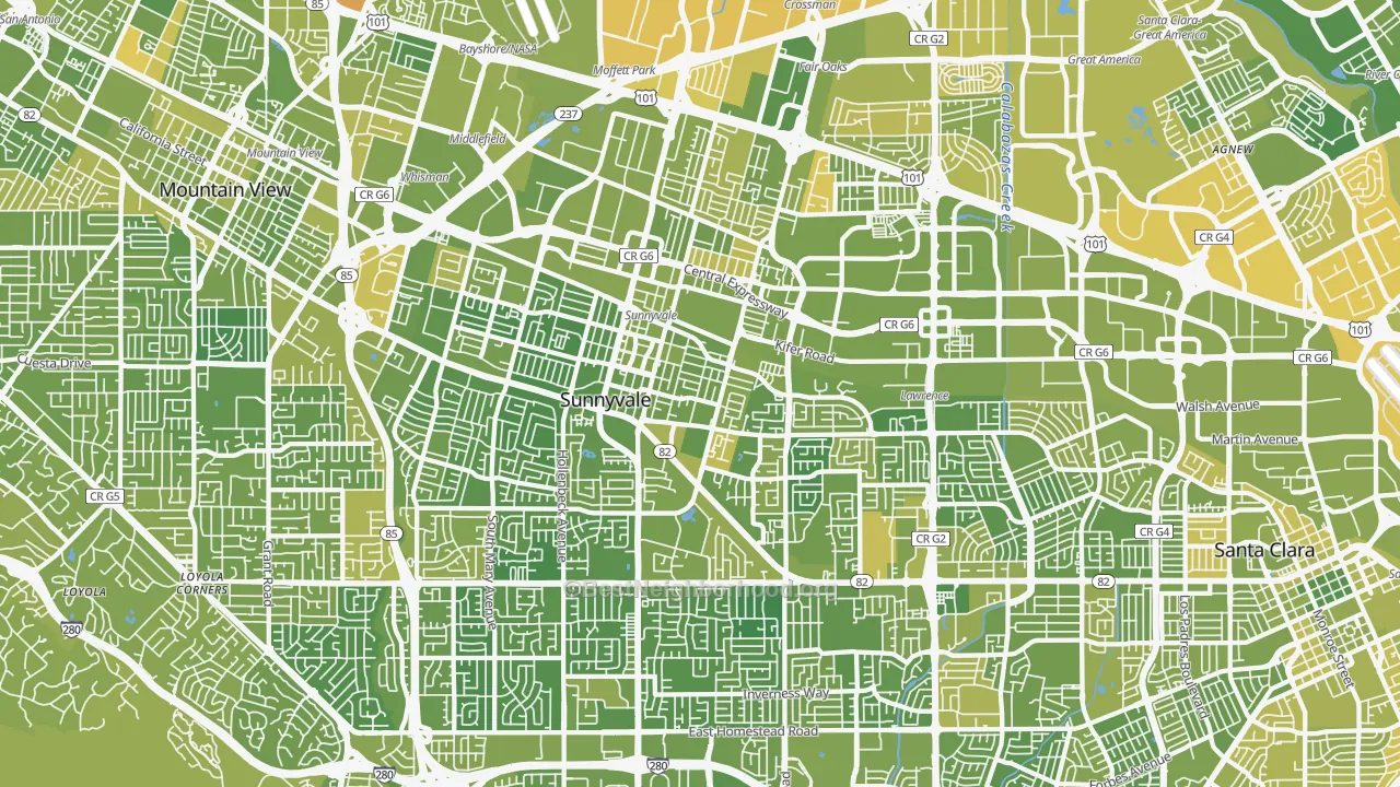 Map of the best neighborhoods in the Sunnyvale area, with better matches in green and worse matches in red
