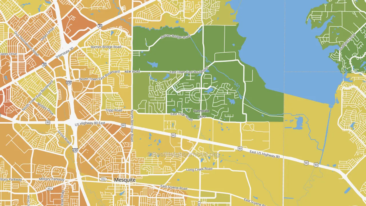 Map of the best neighborhoods in the Sunnyvale area, with better matches in green and worse matches in red