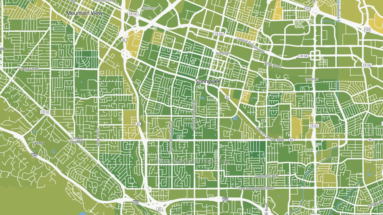 Map of the best neighborhoods in the Sunnyvale West, Sunnyvale area, with better matches in green and worse matches in red