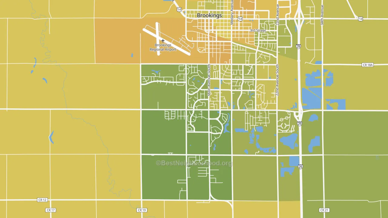 Map of the best neighborhoods in the Sunnyview area, with better matches in green and worse matches in red