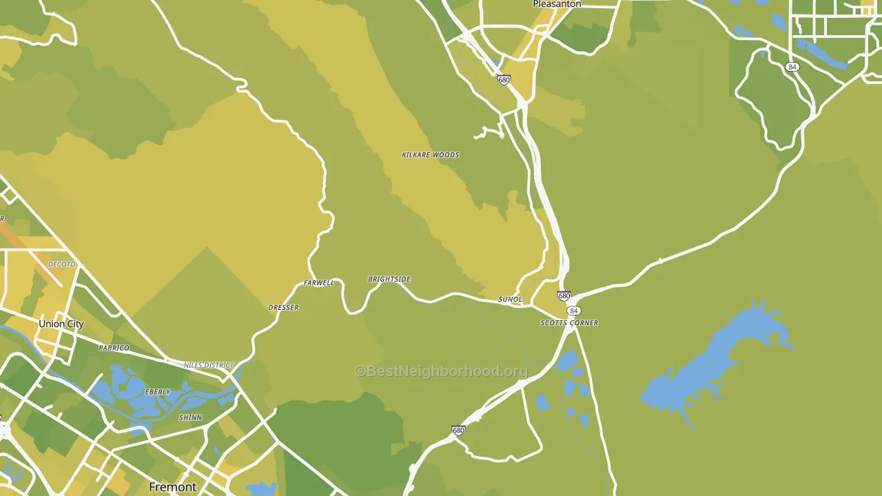 Map of the best neighborhoods in the Sunol area, with better matches in green and worse matches in red