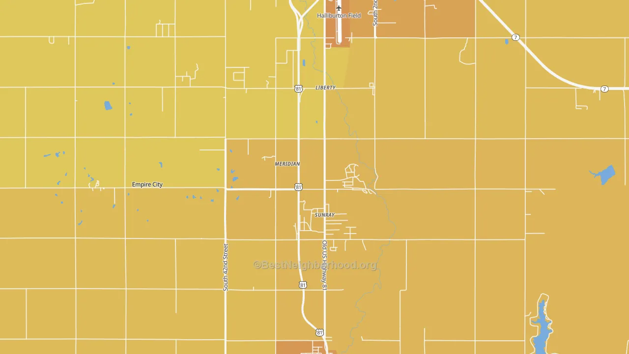 Map of the best neighborhoods in the Sunray area, with better matches in green and worse matches in red