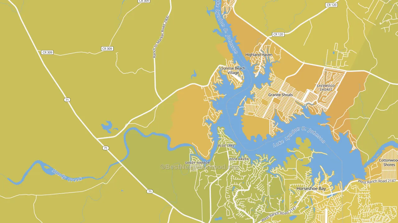 Map of the best neighborhoods in the Sunrise Beach Village area, with better matches in green and worse matches in red